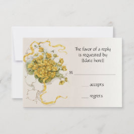 ヴィンテージウェディング、黄色いバターカップの花とミツバチ 出欠カード