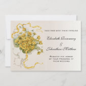ヴィンテージウェディング、黄色いバターカップの花とミツバチ 招待状 (正面)