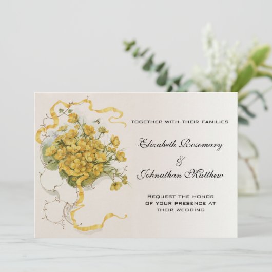 ヴィンテージウェディング、黄色いバターカップの花とミツバチ 招待状 (スタンド正面)