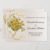 ヴィンテージウェディング、黄色いバターカップの花とミツバチ 招待状 (正面/裏面)