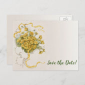 ヴィンテージウェディング、黄色いバターカップの花とミツバチ 案内ポストカード (正面/裏面)