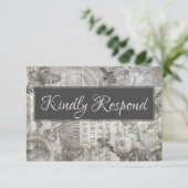ヴィンテージウェディングRSVPアンティークグレー&ホワイト 出欠カード (スタンド正面)