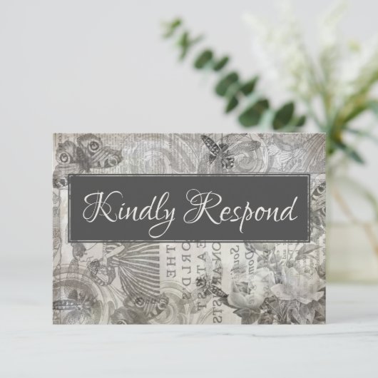 ヴィンテージウェディングRSVPアンティークグレー&ホワイト 出欠カード (スタンド正面)