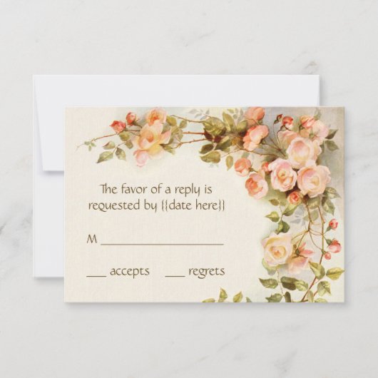 ヴィンテージウェディングRSVP、アンティークピンクローズフラワー 出欠カード (正面)