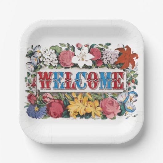 ヴィンテージウェルカムフラワーズ引っ越し祝いパーティーパーティー ペーパープレート (正面)