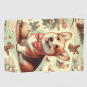 ヴィンテージウェルシュコーギーカーディガンイラストレーション ゴルフタオル (横)