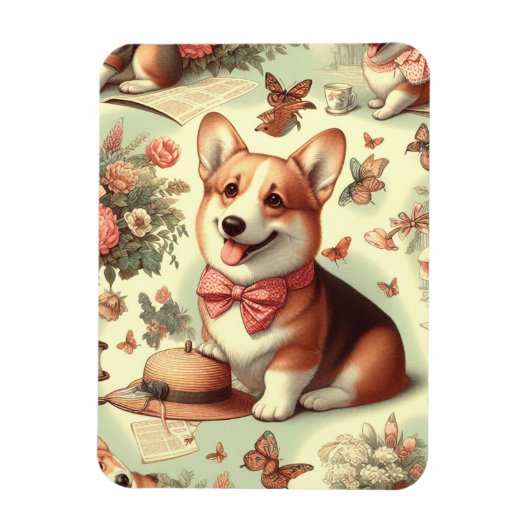 ヴィンテージウェルシュコーギーカーディガンイラストレーション マグネット (縦)