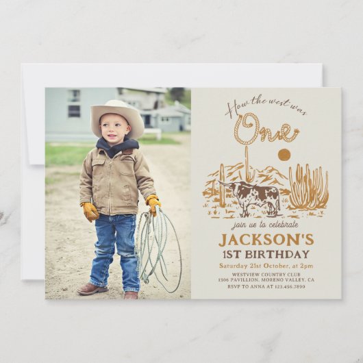 ヴィンテージウエスタンカウボーイファーストロデオ誕生日写真 招待状 (正面)