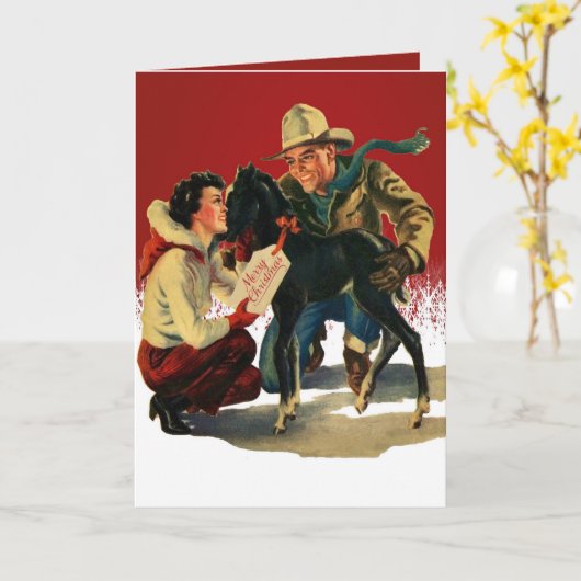 ヴィンテージウエスタンカウボーイ女性のカーボーイホースクリスマス カード (黄色い花)