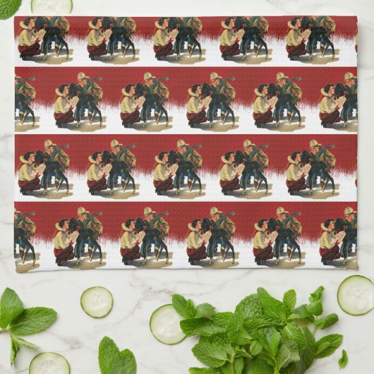 ヴィンテージウエスタンカウボーイ女性のカーボーイホースクリスマス キッチンタオル (折り畳み)