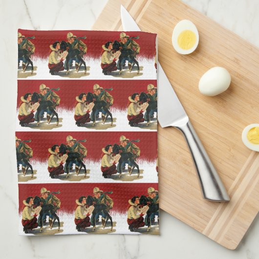 ヴィンテージウエスタンカウボーイ女性のカーボーイホースクリスマス キッチンタオル (四つ折り)