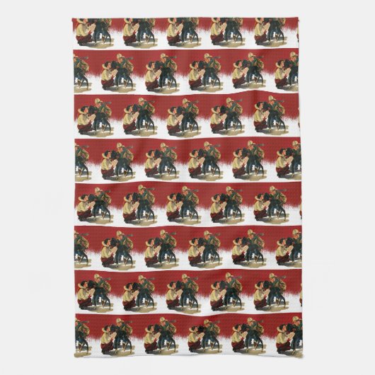 ヴィンテージウエスタンカウボーイ女性のカーボーイホースクリスマス キッチンタオル (縦)