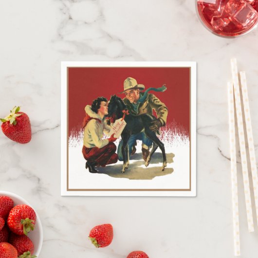 ヴィンテージウエスタンカウボーイ女性のカーボーイホースクリスマス スタンダードカクテルナプキン (インサイチュ)