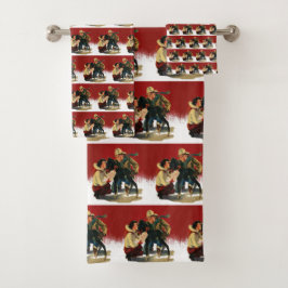 ヴィンテージウエスタンカウボーイ女性のカーボーイホースクリスマス  バスタオルセット