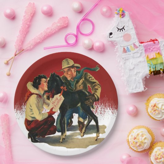 ヴィンテージウエスタンカウボーイ女性のカーボーイホースクリスマス ペーパープレート (パーティー)