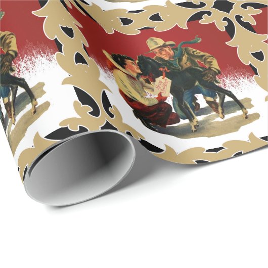 ヴィンテージウエスタンカウボーイ女性のカーボーイホースクリスマス ラッピングペーパー (ロールコーナー)