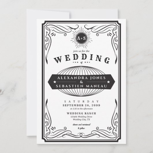 ヴィンテージウエスタンカントリーQRコード素朴B&W結婚 招待状 (正面)