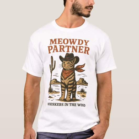 ヴィンテージウエスタンキャットイラストレーション- Meowdy Partner Tシャツ (正面)