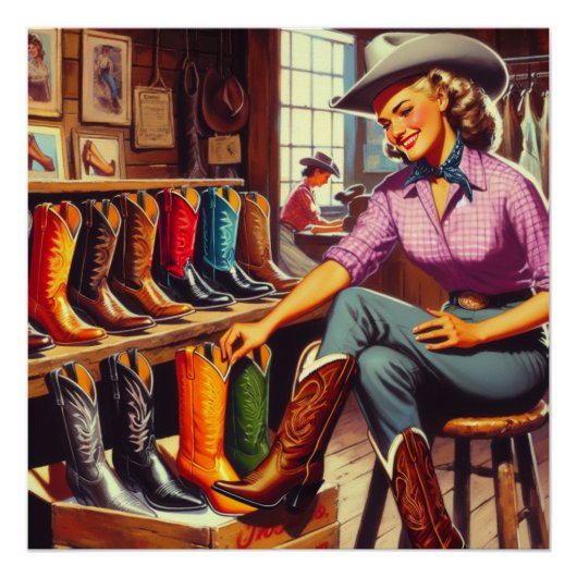 ヴィンテージウエスタンレトロ女性のカーボーイブートショッピング ポスター (正面)