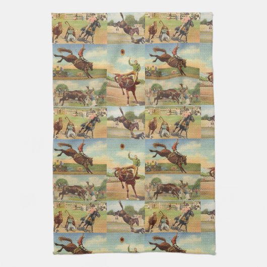 ヴィンテージウエスタンロデオイベントカウボーイズホーズブルズ キッチンタオル (縦)