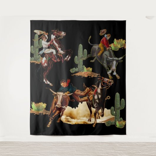 ヴィンテージウエスタンロデオイベントカウボーイ女性のカーボーイ タペストリー (正面)
