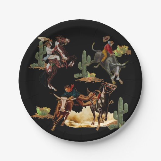 ヴィンテージウエスタンロデオイベントカウボーイ女性のカーボーイ ペーパープレート (正面)