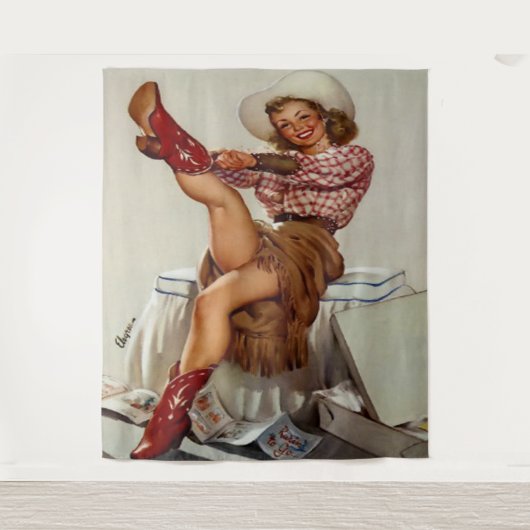 ヴィンテージウエスタン女性のカーボーイの赤いブーツを履く タペストリー (正面)