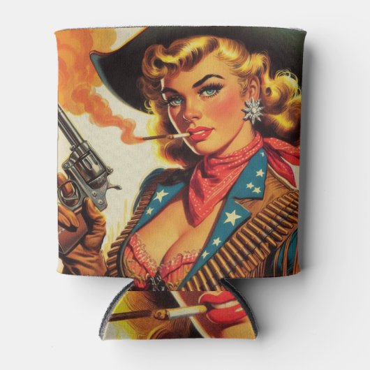 ヴィンテージウエスタン女性のカーボーイピン留め 缶クーラー (正面)