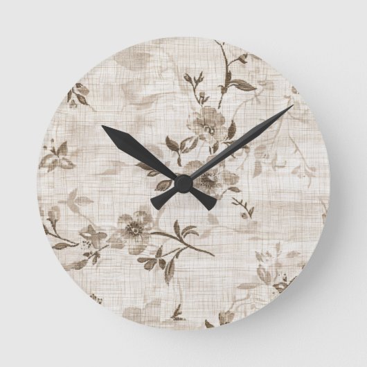 ヴィンテージウォッチとブラウンフローラデザイン ラウンド壁時計 (正面)