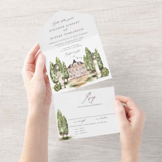 ヴィンテージウォーターカラーイングリッシュマ結婚ナーズ オールインワン招待状 (貼ってはがせる)