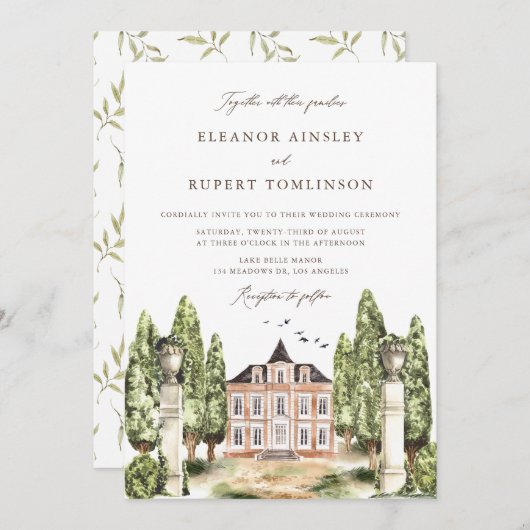 ヴィンテージウォーターカラーイングリッシュマ結婚ナーズ 招待状 (正面/裏面)