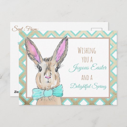 ヴィンテージウォーターカラーイースターバニーラビット ポストカード (正面/裏面)