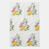ヴィンテージウォーターカラーイースターバニー春フローラ キッチンタオル (縦)