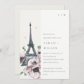 ヴィンテージウォーターカラーエッフェルタワーフローラ婚約 招待状 (正面/裏面)