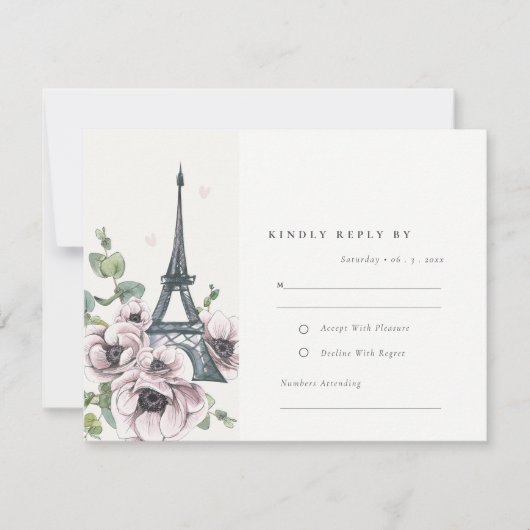 ヴィンテージウォーターカラーエッフェルタワーフローラ結婚ズ 出欠カード (正面)