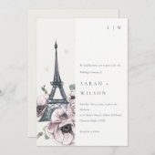 ヴィンテージウォーターカラーエッフェルタワーフローラ結婚ズ 招待状 (正面/裏面)