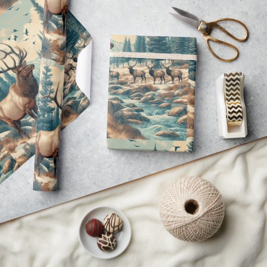 ヴィンテージウォーターカラーエルクAIアート ラッピングペーパー (クラフト)