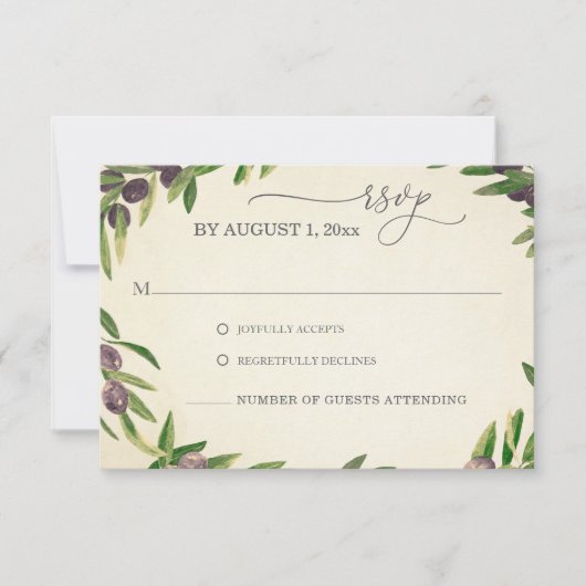 ヴィンテージウォーターカラーオリーブ枝ギリシャ式ウェディングRSVP 出欠カード (正面)
