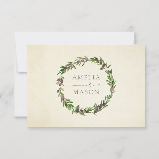 ヴィンテージウォーターカラーオリーブ枝ギリシャ式ウェディングRSVP 出欠カード (裏面)