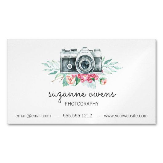 ヴィンテージウォーターカラーカメラとフラワーマグネット マグネット名刺 (正面)