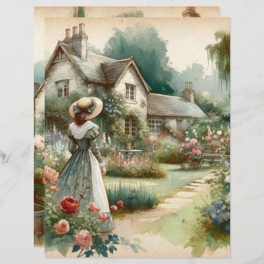 ヴィンテージウォーターカラーカントリーガーデンスクラップブック紙 (正面/裏面)