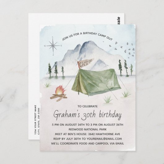 ヴィンテージウォーターカラーキャンピングバースデーパーティー ポストカード (正面/裏面)