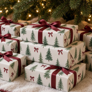 ヴィンテージウォーターカラークリスマスツリーバーガンディボウ ラッピングペーパー