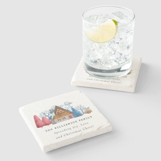 ヴィンテージウォーターカラークリスマスハウスファミリーマーブル ストーンコースター (横)