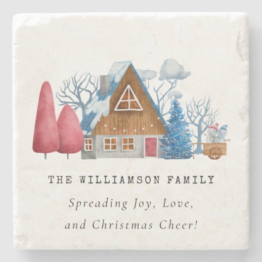 ヴィンテージウォーターカラークリスマスハウスファミリーマーブル ストーンコースター (正面)