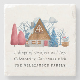 ヴィンテージウォーターカラークリスマスハウスファミリーマーブル ストーンコースター