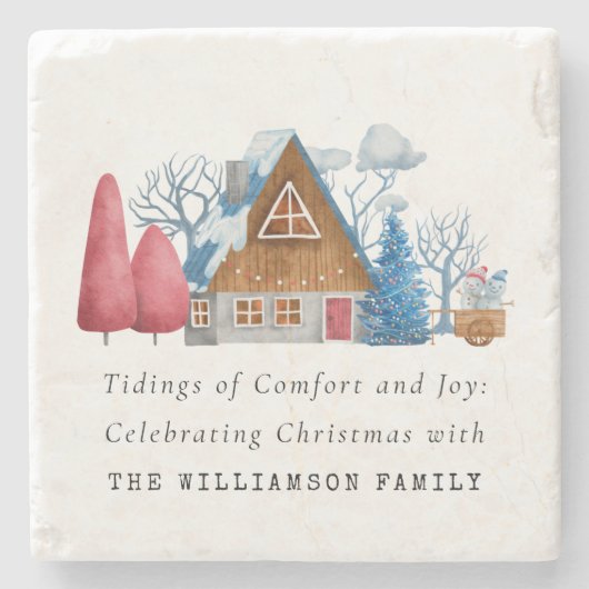 ヴィンテージウォーターカラークリスマスハウスファミリーマーブル ストーンコースター (正面)