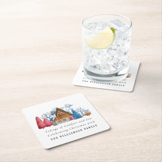 ヴィンテージウォーターカラークリスマスハウスファミリー紙 スクエアペーパーコースター (インサイチュ)