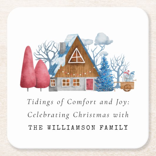 ヴィンテージウォーターカラークリスマスハウスファミリー紙 スクエアペーパーコースター (正面)