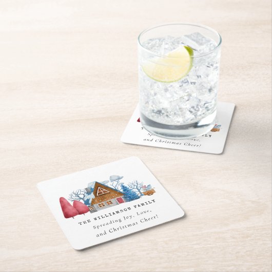 ヴィンテージウォーターカラークリスマスハウスファミリー スクエアペーパーコースター (インサイチュ)